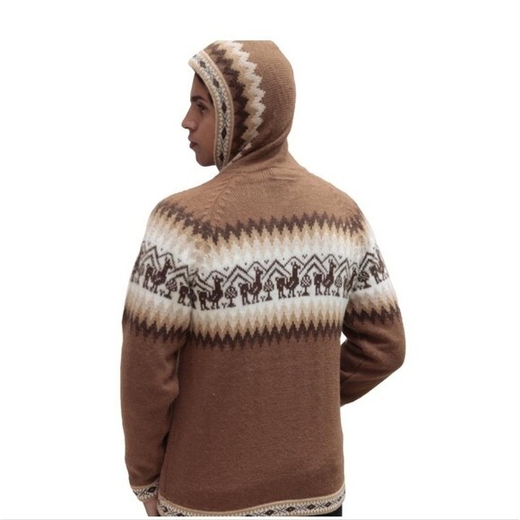 Mens Little Llamas Hooded Alpaca Wool Knitted Jacket Hoodie Sweater medium - Picture 7 of 7